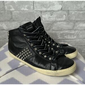 Leather Crown Black Leather Studded High-Top Sneakers with Cream Sole